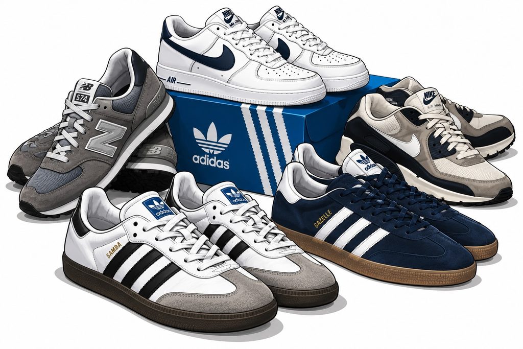 Men’s retro trainers including Adidas, Nike and New Balance styles
